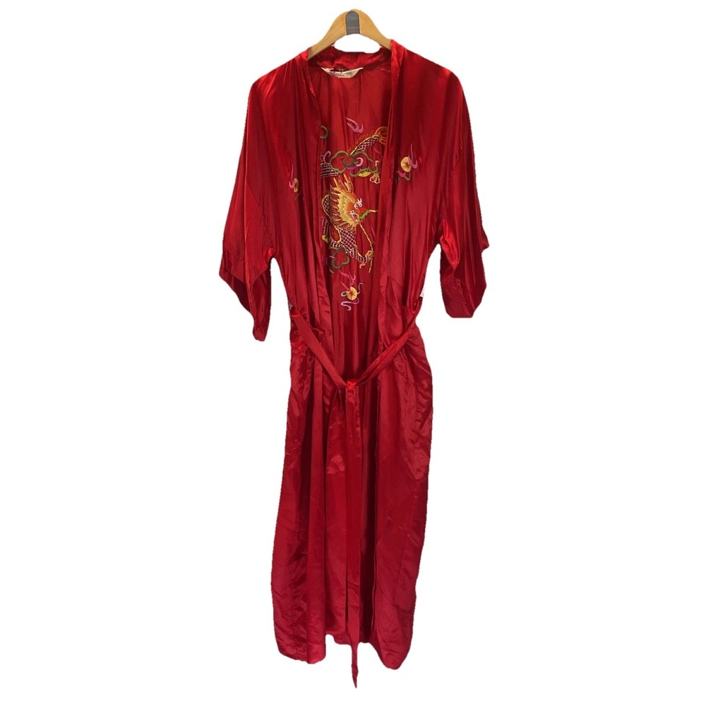 VTG Pearls Kimono Robe L Embroidered Dragon Full Length RED‎ SMALL